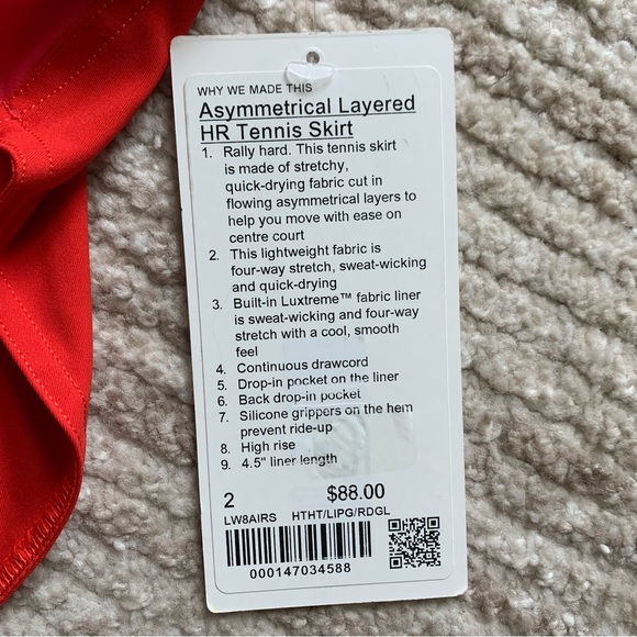 Lululemon Asymmetrical Layered High Rise Tennis Skirt Pink Red NWT Size 2 - Picture 6 of 8